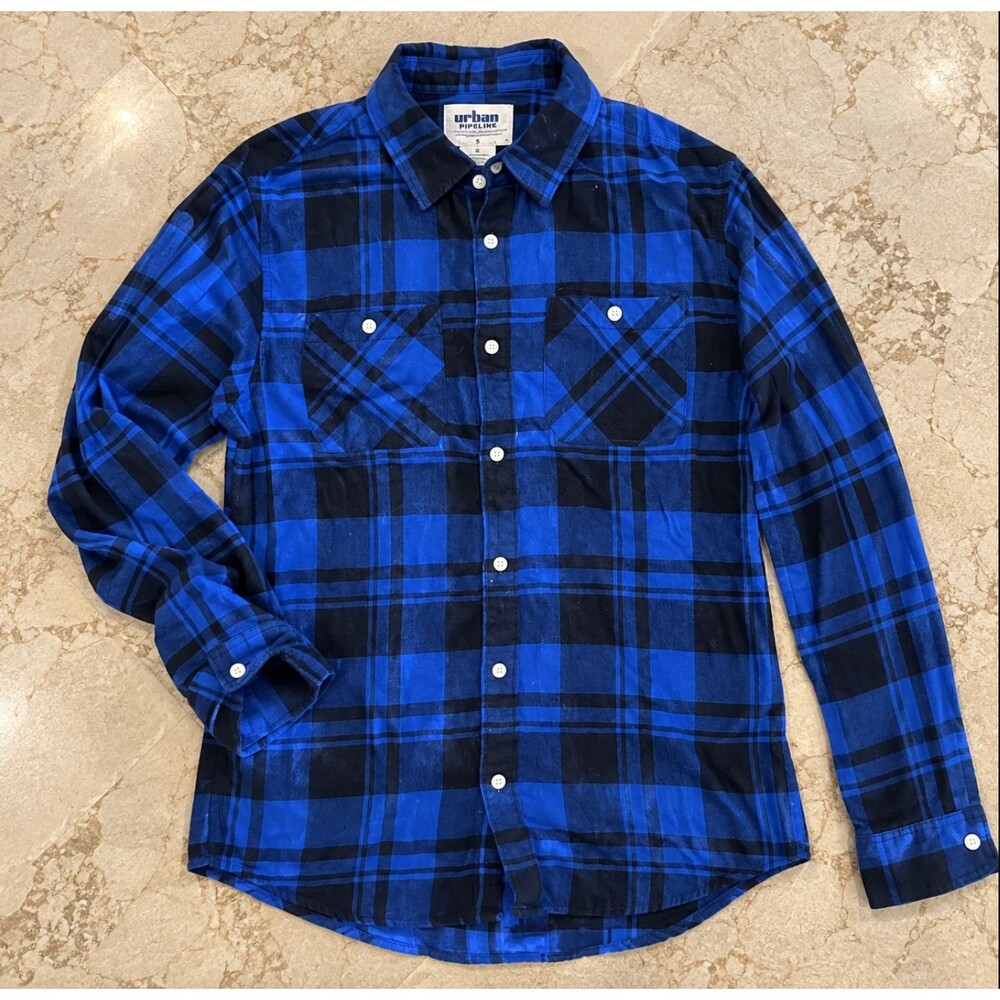 Urban Pipeline Mens S Blue Black Buffalo Plaid Flannel Shirt Button Front Casual
